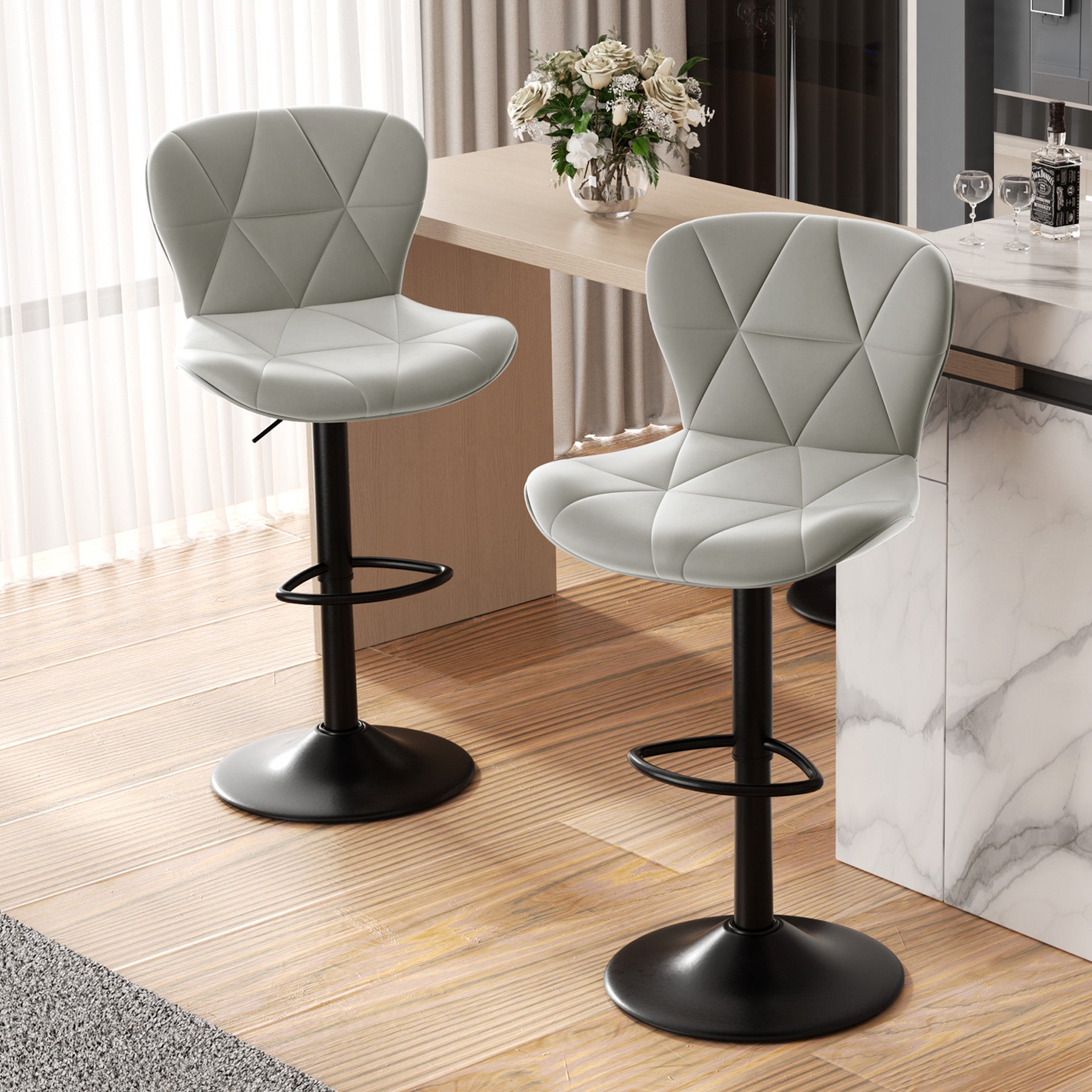 Set of 2 Adjustable Faux Leather Swivel Bar Stools for Kitchen Island  - FU01034