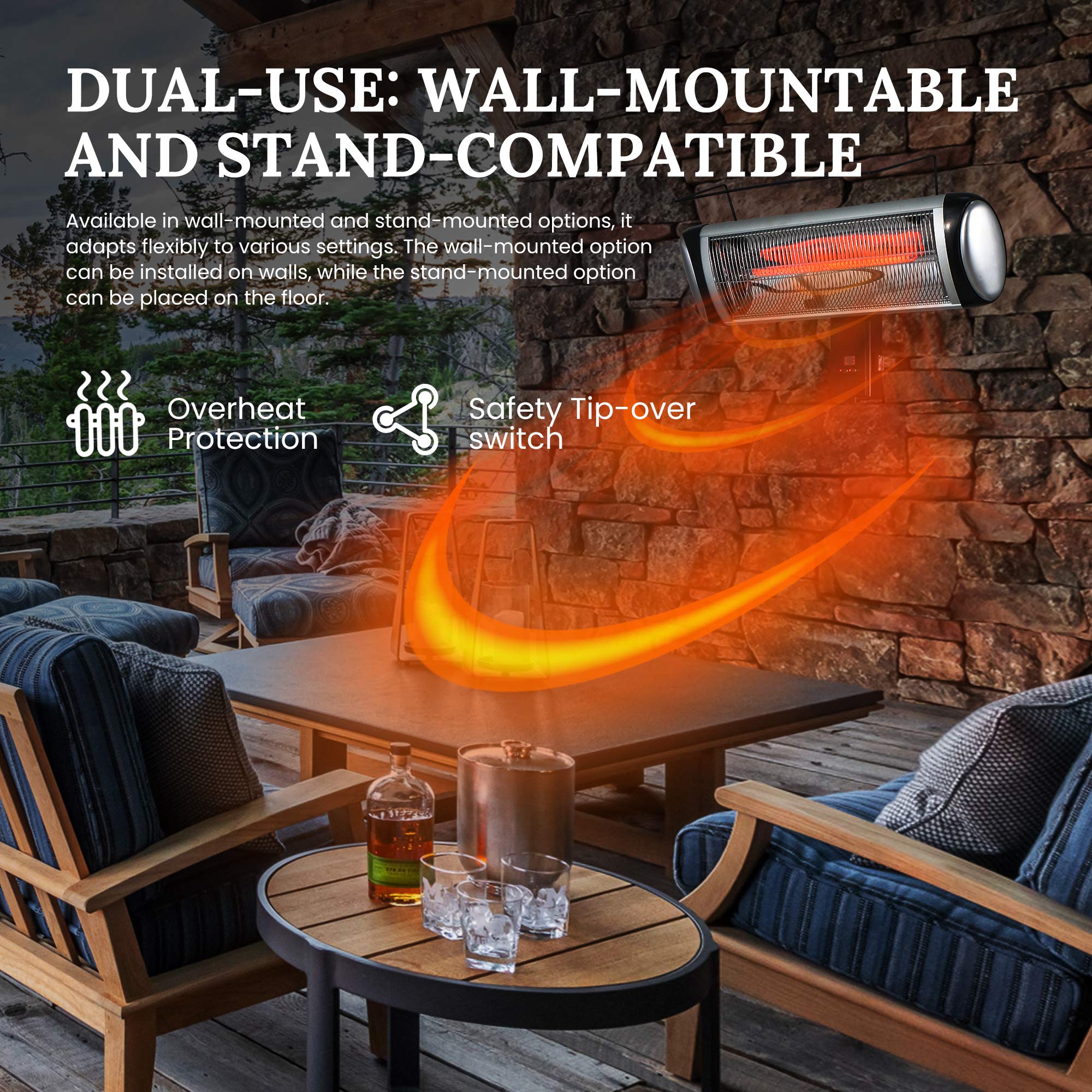 Electric Heater, Patio Heater Stand for Outdoors with 3 Heat Settings and Floor-Standing Design