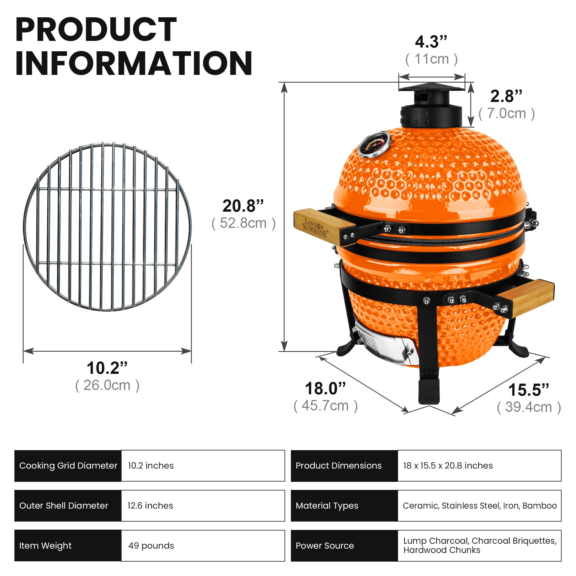 Upgraded 13 inch Ceramic Kamado Grill with Waterproof Air Vent Cap | Portable Tabletop Charcoal BBQ Grill Smoker for Outdoor Cooking, Patio, Camping