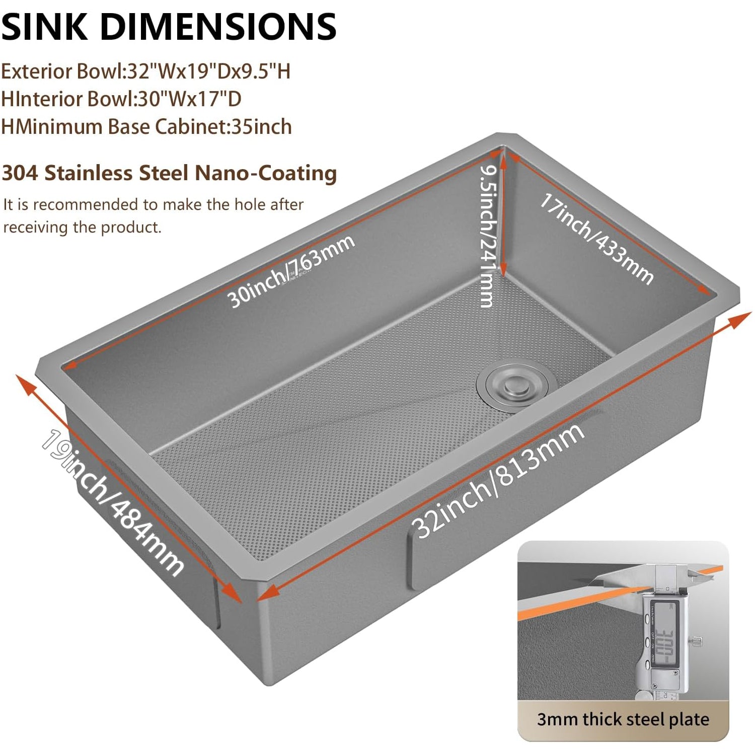 32 Inch Undermount Kitchen Sink, 304 Stainless Steel with Nano Coating, Single Bowl, Modern Design for Workstation, RV, Prep Kitchen & Bar, Drain Assembly Included, 32x19 Inch