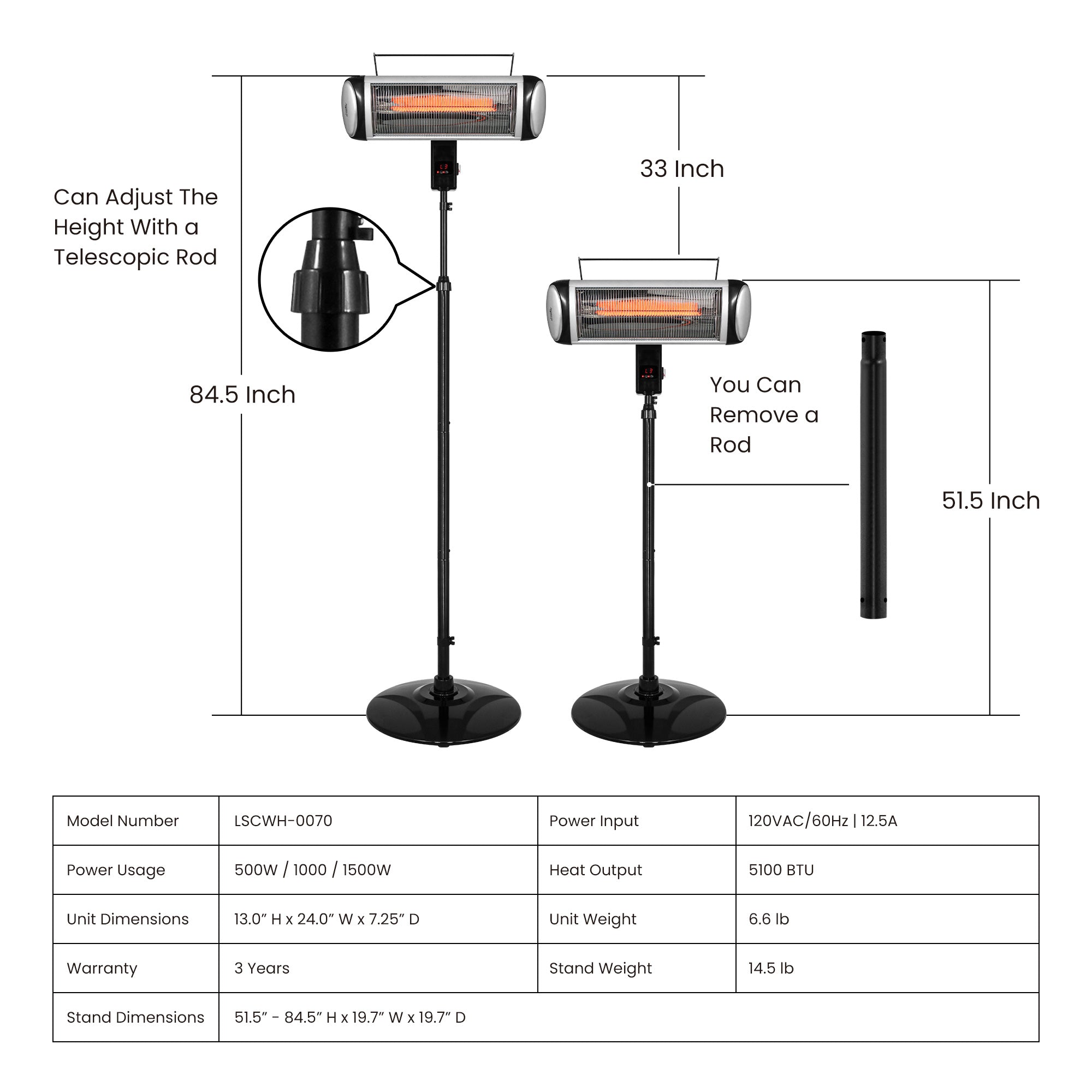 Electric Heater, Patio Heater Stand for Outdoors with 3 Heat Settings and Floor-Standing Design