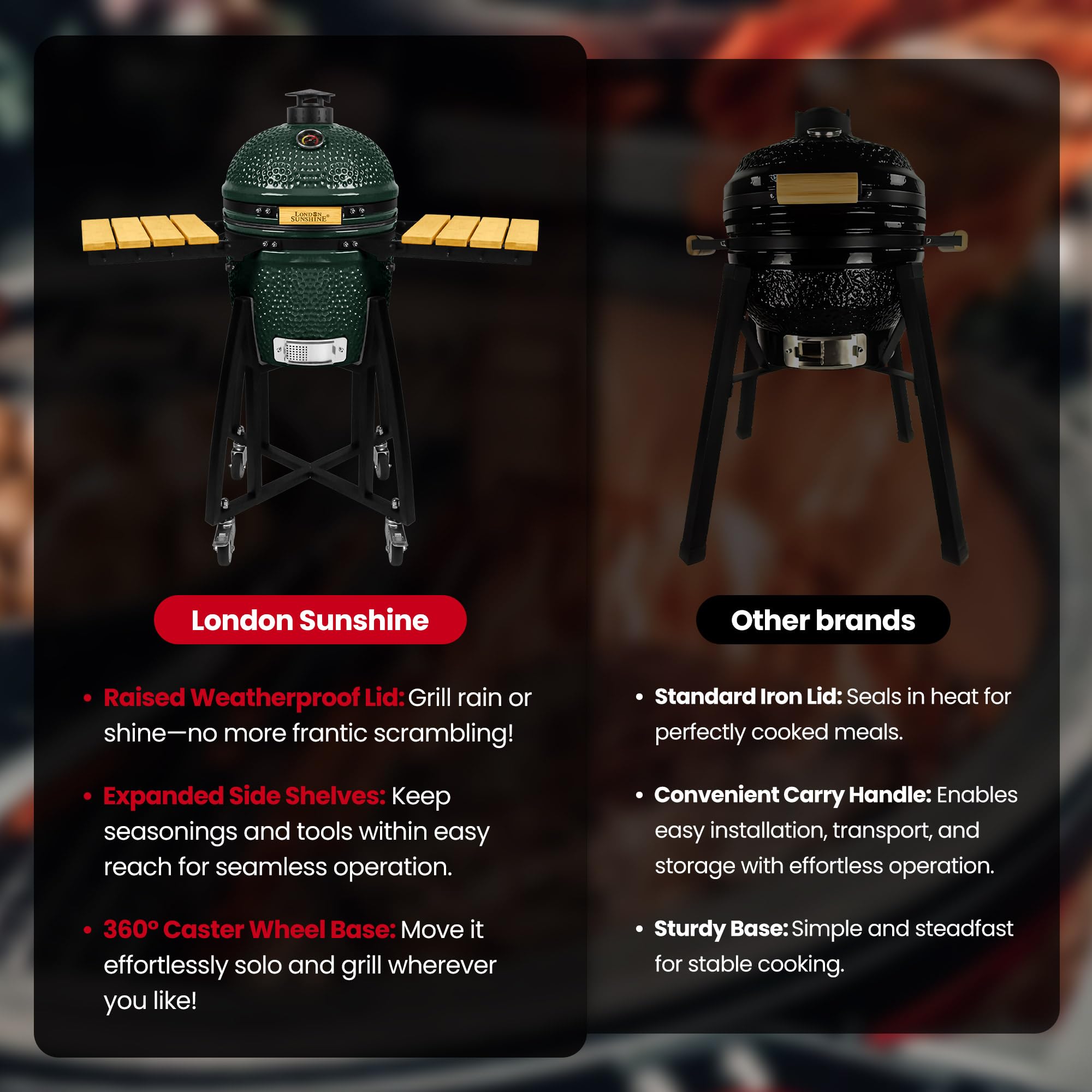 15-inch Ceramic Kamado Charcoal BBQ Grill & Smoker with Locking Casters, Foldable Side Shelves, Stainless Steel Grates, and Tall Stand