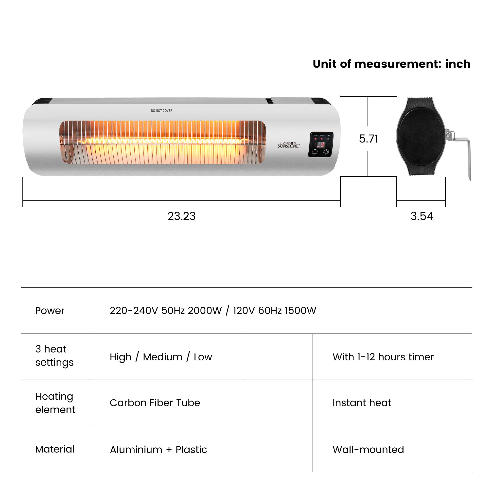 LONDON SUNSHINE Wall-Mounted Electric Infrared Indoor Heater for Garage Backyard Wall Patio Heater Waterproof (1500-Watt)