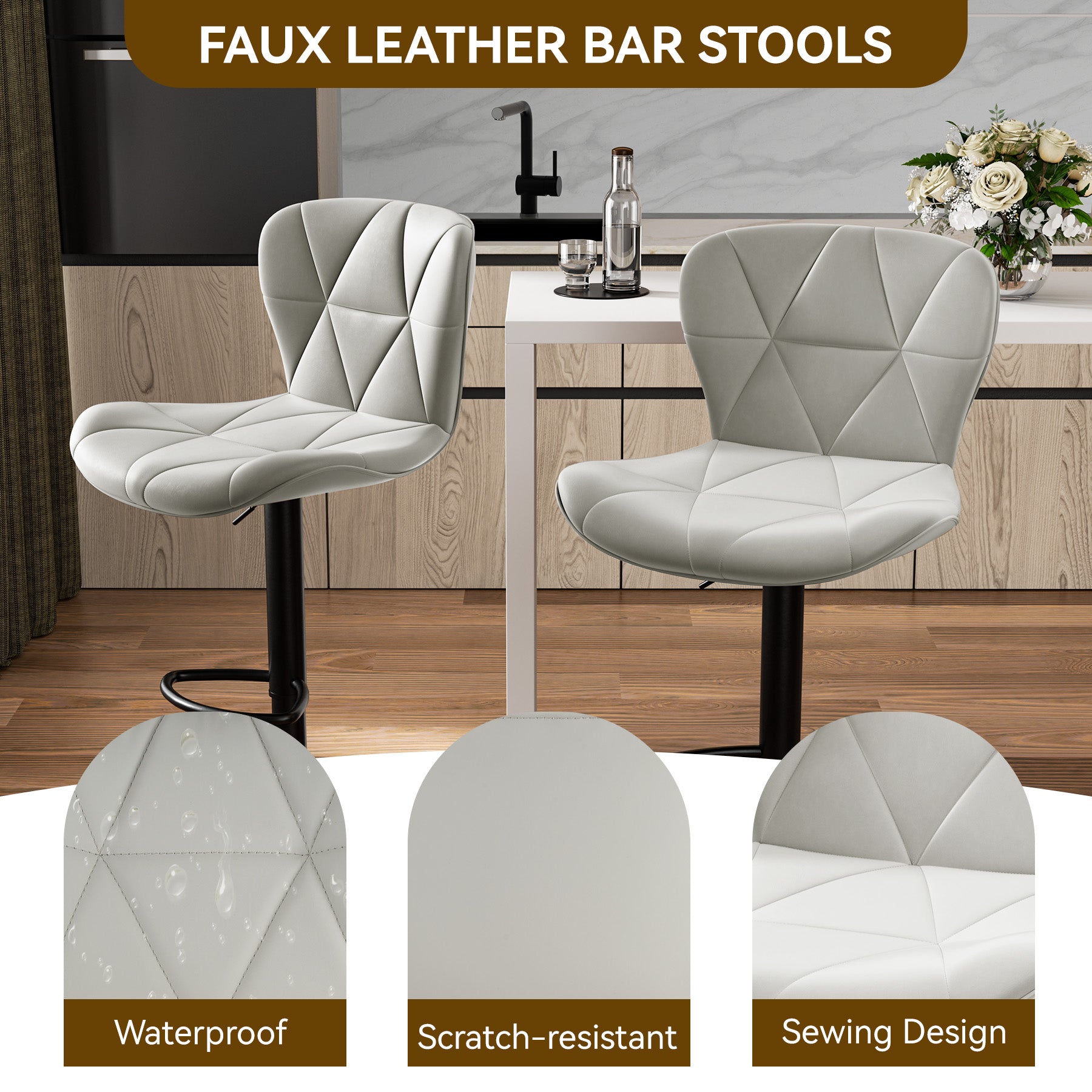 Set of 2 Adjustable Faux Leather Swivel Bar Stools for Kitchen Island  - FU01034