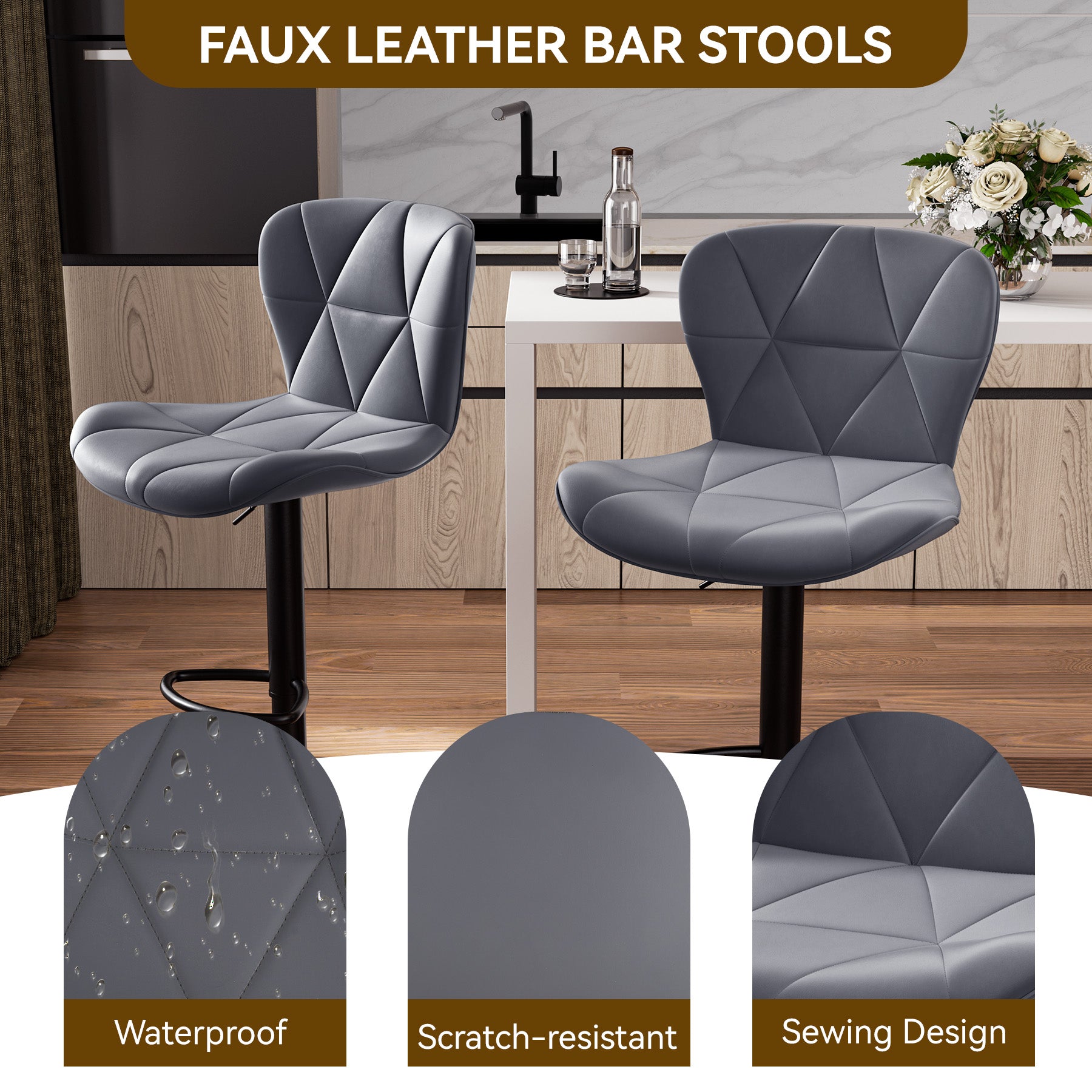 Set of 2 Adjustable Faux Leather Swivel Bar Stools for Kitchen Island  - FU01034